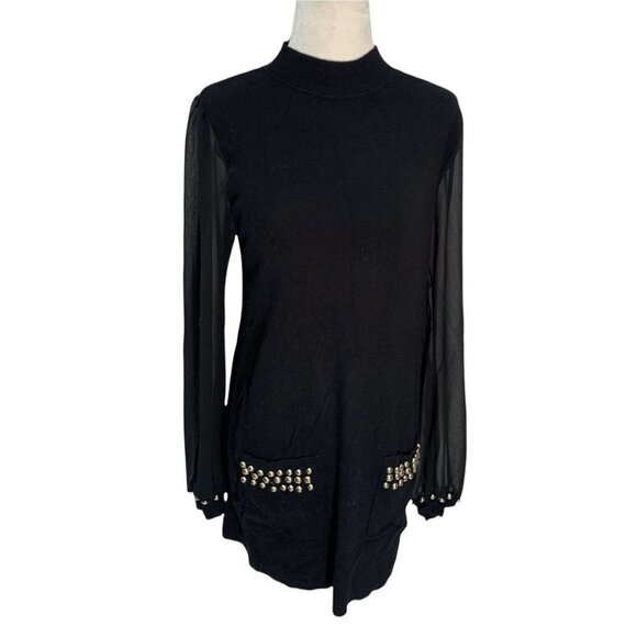 Inc Black Tunic Sweater Dress Sheer Sleeves Mock Turtleneck Front Pocket… - Picture 1 of 9